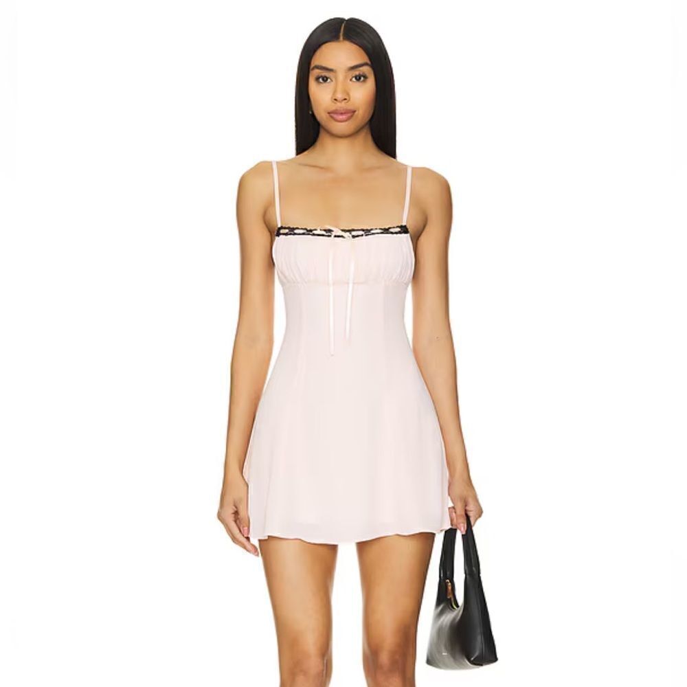 More To Come Mallory Mini Dress in Baby Pink chiffon ribbon tie slip Revolve